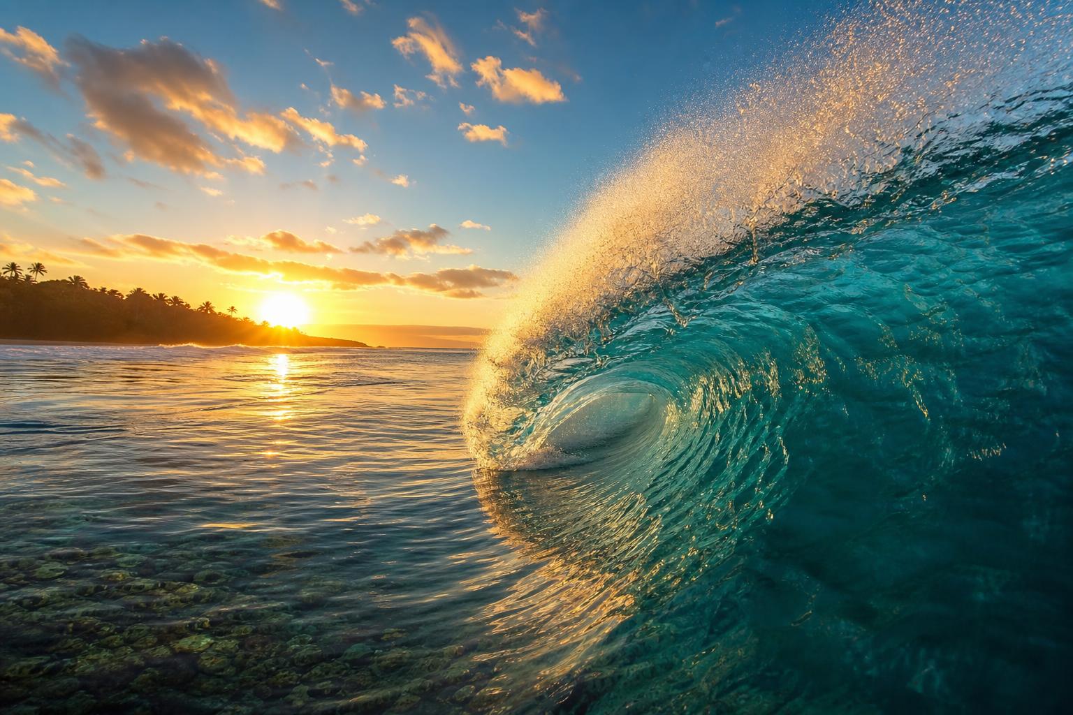 Cinematic surf wave at sunset